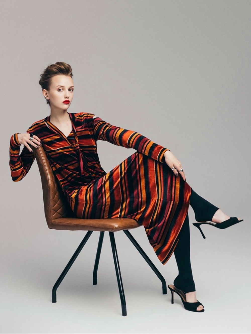 Julia Allert Striped Shoulder cut out Midi Dress in Red and Black velvet